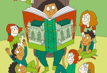 ©MAH Illustration d'Adrienne Barman représentant un groupe d'enfants assis écoutant une histoire