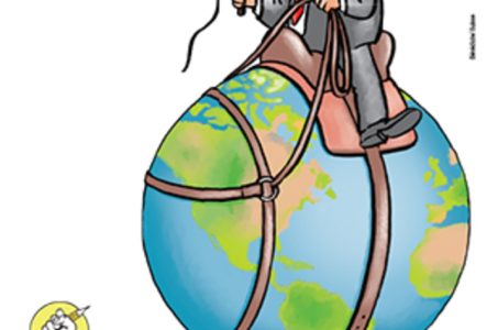Dessin de presse d''un homme coiffé d'un chapeau de cow-boy (qu'on reconnaît être Donald Trump), à cheval sur la planète Terre sanglée d'une selle.