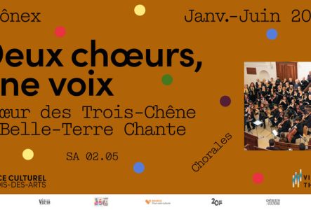 sur fond marron, il y a des petits points de couleurs avec les informations de l'événement à gauche et une photo des artistes à droite