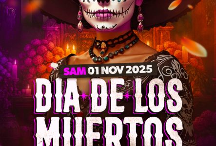 Tete mexicaine " dia de Los muertos" image colorée, village du soir et palexpo, samedi 1er novembre
