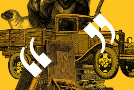 Illustration d'un ours sur une camionnette, avec des papillons autour, et des guillemets blanc