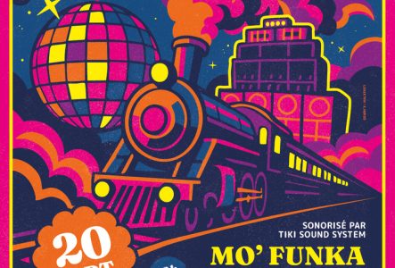 Affiche colorée et rétro de l’événement Disco Express – 10 ans de Mo’Funka. Illustration d’un train violet et orange avançant dans un ciel étoilé avec nuages roses et une grande boule disco multicolore. Le texte indique la date 20 septembre, l’horaire 22h–05h, le lieu Le Groove, Genève, et les artistes : Mo’Funka (Soul’n’Man, Unite’Q, Don Dada, Pixxel, El Larchan, Olá) et Favela Luz « From Disco 2 Disco ». Mention « 10 years of Mo’Funka » et sonorisation par Tiki Sound System.