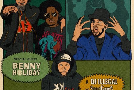 K-Productions Poster de type comics avec un dessin de Dope D.O.D, R.A. The Rugged Man et Benny Holiday, avec la mention de la date de l'événement : le 13 septembre 2025.