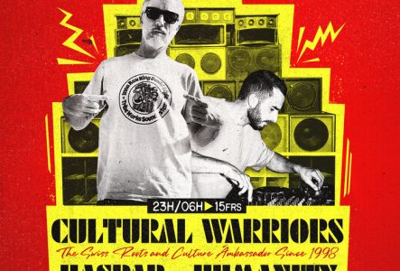 Corner 25 Affiche rouge et jaune de l’événement Geneva Dub Club. Au centre, photo en noir et blanc de deux artistes devant un mur d’enceintes : à gauche un homme avec lunettes de soleil et t-shirt blanc, à droite un DJ penché sur une table de mixage. Texte : Cultural Warriors – The Swiss Roots and Culture Ambassador since 1998, Haspar – Dub Maker, Humanity – Sound System. Infos pratiques : Ven 26 sept 2025 – 23h/06h – 15 frs – Le Groove, 9 rue des Gazomètres, Genève. Logos Le Groove et Corner25 en haut.