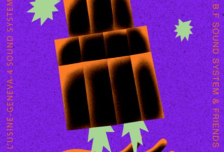 Affiche dubquake weekender 2025, texte orange sur fond violet avec le dessin d'une main sous une fusée constituée par un sound system.