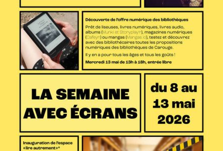 Une première image montrant un groupe de personnes assistant à une conférence. Une deuxième d'une jeune femme tenant à la main une liseuse. La troisième image représente une bibliothèque en travaux.