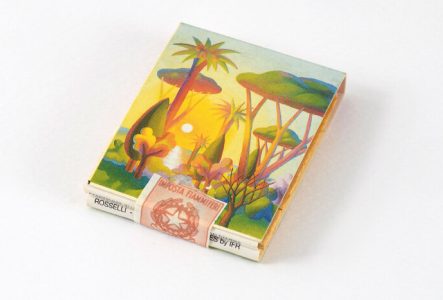 Photo d'une boîte d'allumettes décorée d'une illustration de végétation et soleil.