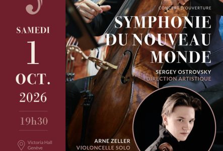 Affiche de concert: les pupitres des violoncelles de l’Ensemble Symphonique de Genève jouent avec passion, le jeune soliste de 19 ans Arne Zeller pose dans un encadré. Il est inscrit que le concert a lieu le 1er octobre à 19h30 au Victoria Hall, autour d’un programme dédié à Antonín Dvořák, notamment la «Symphonie du Nouveau Monde», les «Danses slaves» et le «Concerto pour violoncelle et orchestre» op. 104