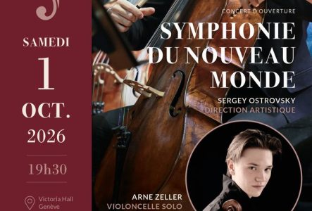 Affiche de concert: les pupitres des violoncelles de l’Ensemble Symphonique de Genève jouent avec passion, le jeune soliste de 19 ans Arne Zeller pose dans un encadré. Il est inscrit que le concert a lieu le 1er octobre à 19h30 au Victoria Hall, autour d’un programme dédié à Antonín Dvořák, notamment la «Symphonie du Nouveau Monde», les «Danses slaves» et le «Concerto pour violoncelle et orchestre» op. 104