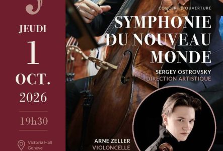 Affiche de concert: les pupitres des violoncelles de l’Ensemble Symphonique de Genève jouent avec passion, le jeune soliste de 19 ans Arne Zeller pose dans un encadré. Il est inscrit que le concert a lieu le 1er octobre à 19h30 au Victoria Hall, autour d’un programme dédié à Antonín Dvořák, notamment la «Symphonie du Nouveau Monde», les «Danses slaves» et le «Concerto pour violoncelle et orchestre» op. 104