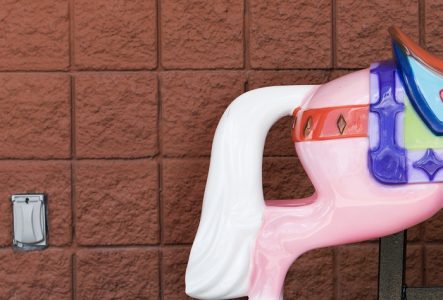 C'est l'arrière train d'un cheval de manege en plastique coloré. Celui qu'on peut faire fonctionner avec une pièce, mais la prise est debranchée