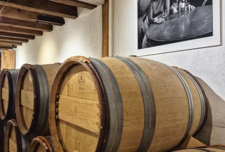 Les tonneaux de vin du domaine et la photo de la famille exploitante.