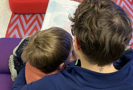 Un adulte et un enfant lisent ensemble un livre. Photo de dos.