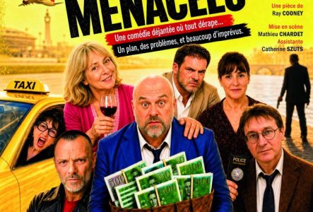 Un homme avec une serviette remplie d'argent, sa femme, un taxi, deux commissaire, un couple d'amis, un tueur sur fond jaune