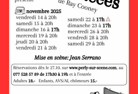 Perly-sur-scène Un affiche pour du théâtre: une mallette pleine d'argent, des menottes et un avion.