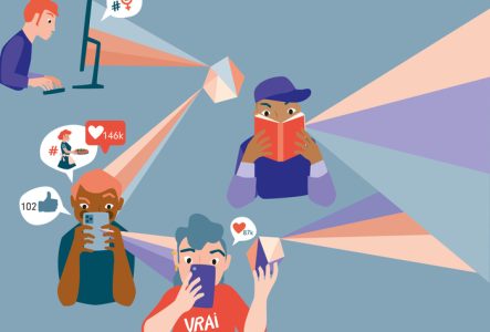 Olga Fabrizio Illustration vectorielle de 4 personnes blanches et racisées, devant des écrans d'ordinateur, de téléphone, ou un livre. Des phylactères émergent des écrans avec des notifications et des hashtags