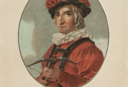 Homme vêtu de rouge avec une arbalète à la main