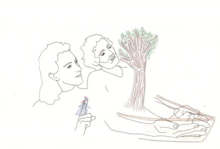 Dessin d'un arbre dont le tronc est une main et de deux mains formant le devant d'un bateau. Un homme et une femme se tiennent en arrière-plan. Il y a une marionnette sur un des doigts de la femme.