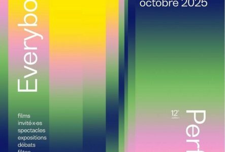 L'image présente une affiche colorée pour un festival de cinéma queer intitulé "Everybody's Perfect". Le fond est composé de dégradés de couleurs vives allant du jaune au rose, au vert et au bleu. Le titre "Everybody's Perfect" est écrit en grandes lettres blanches, avec "Everybody's" à gauche et "Perfect" à droite. En dessous, il y a des informations concernant l'événement, telles que la date du festival (du 10 au 19 octobre 2025), ainsi que des mots-clés comme "films", "invité·e·s", …