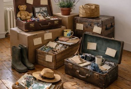 Photographie d'une pièce avec valises, objets personnels posés sur le sol