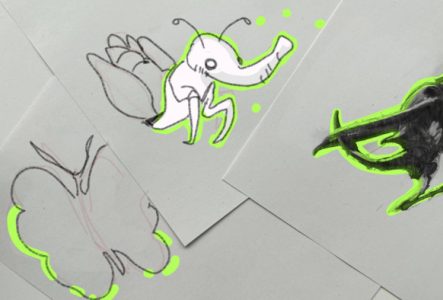 Illustrations d'insectes fluo sur feuilles de papier