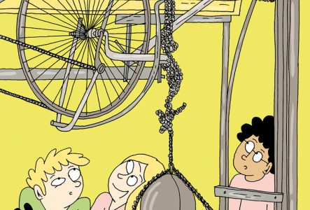 DR Illustration d'Adrienne Barman, enfants devant une machine de Tinguely