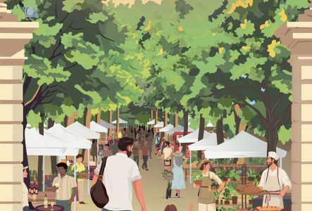 L'image montre une grande tente blanche, installée sur une vaste pelouse verte. Sous cette tente ouverte, de nombreuses personnes sont assises sur des bancs autour de longues tables en bois, partageant un repas.