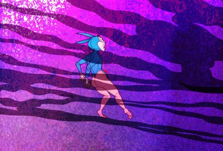 Dessin d'une créature mi humaine, mais avec des oreilles de lapin, sur fond violet