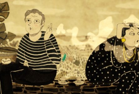 dessin d'un homme qui fume, et d'une femme, l'air ennuyé, assis sur un muret