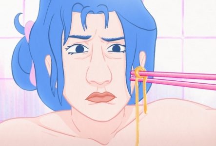 dessin d'une femme aux cheveux bleu
