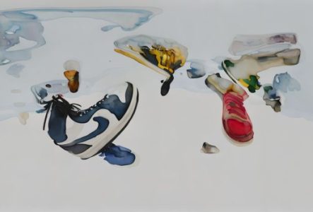 dessin avec des baskets qui semblent fondre sur un fond blanc