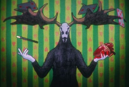 dessin d'un homme à la tête de cerf qui joue le magicien sinistre