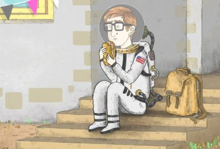 Dessin d'un garçon assis sur des escaliers devant une entrée, habillé en astronaute et mangeant un sandwich