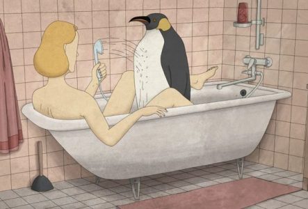 Dessin d'un femme dans une baignore en compagnie d'un pingouin