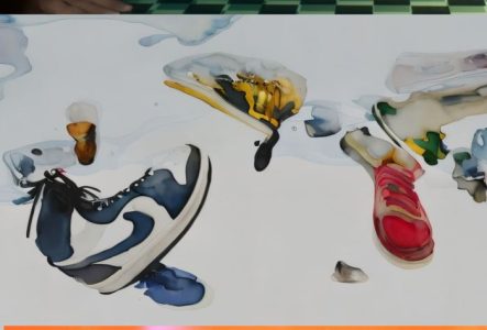 dessin avec des baskets qui semblent fondre sur un fond blanc
