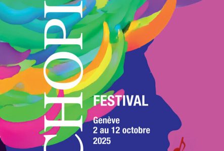 N.Lehr L'image est une affiche colorée pour le Festival Chopin 2025. Le fond présente des éclats de couleurs vives dans des teintes de vert, bleu, rose et orange, formant des formes abstraites. Le mot "CHOPIN" est écrit en lettres blanches, bien visibles sur la partie gauche. À droite, on peut voir le texte "Festival" ainsi que les dates et le lieu, "Genève, 2 au 12 octobre 2025". Un petit logo de la société organisatrice "Société Frédéric Chopin Genève" est également visible. Le visage de Chopin en…