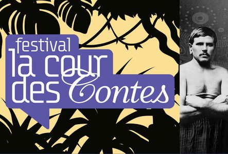 logo du festival La Cour des Contes et photo de Gérard Potier face à Narcisse Pelletier