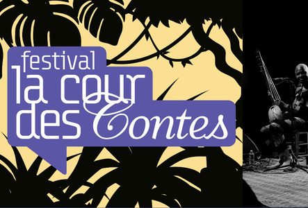 logo du festival La Cour des Contes et photo de Jihad Darwiche & Tom Diakité