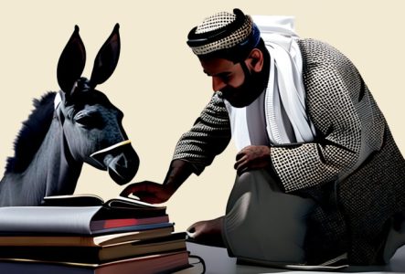 DR Un homme en habits de type moyen-oriental se penche vers une pile de livre. Un âne regarde aussi les livres.