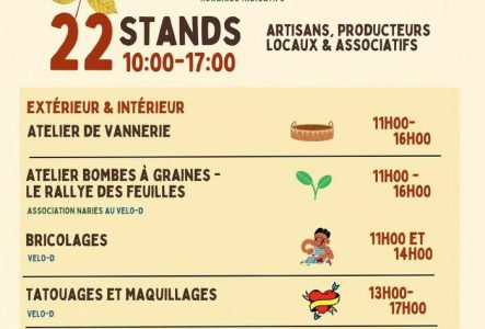Commune de Plan-les-Ouates Champ Ravy l'affiche illustre et magnifie la Châtaigne et des animations vannerie, bricolages, tatouages, maquillages, animations sur échasses et cor des Alpes