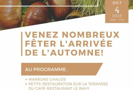 Commune de Plan-les-Ouates Champ Ravy l'affiche illustre et magnifie la Châtaigne et des animations vannerie, bricolages, tatouages, maquillages, animations sur échasses et cor des Alpes