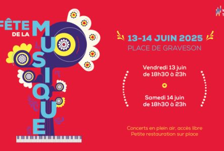 Blou design Sur fond rouge, il y a les informations de l'évènement sur la droite ainsi qu'un visuel sur la gauche avec des formes et des couleurs représentant une note de musique