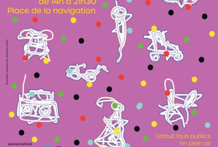 Les Créateliers Fond Rose foncé, pointillé de couleurs : jaune, vert, bleu, noir, rouge, des dessins en un trait représentent : un roller, un loup (masque), un micro, une paire de lunettes, un serre tête à oreilles de lapin et un chapeau de cotillon. Le titre centré noir en haut de l'image lit :"Ateliers en fête", un plus petit texte jaune en haut à gauche lit : "Samedi 6 septembre de 14h à 21h30, Place de la navigation", le tampon des CréAteliers, en noir, en bas à gauche avec en dessous en jaune : le site…