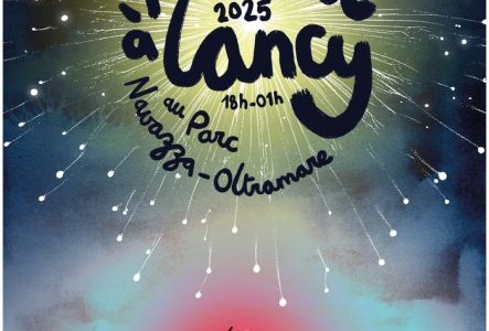 Julien de Preux - PanpanCucul Deux bonhommes qui portent un t-shirt avec la croix Suisse. Il y a un feu d'artifice entre eux qui explosent et dans l'explosion c'est marqué "1e août 2025 à Lancy de 18h à 1h au parc Navazza-Oltramare"
