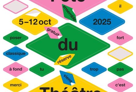 L'affiche montre des losanges qui représentent des autocollants. Dans chaque autocollant, il y a des mots avec lesquels on peut faire des phrases. 3 grands losanges indiquent Fête du Théâtre et deux autres plus petits avec les dates