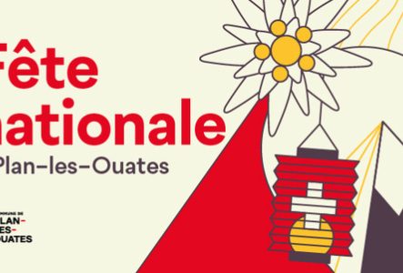 Affiche du 1er août : montagne, lampion, edelweiss, armoiries de Plan-les-Ouates