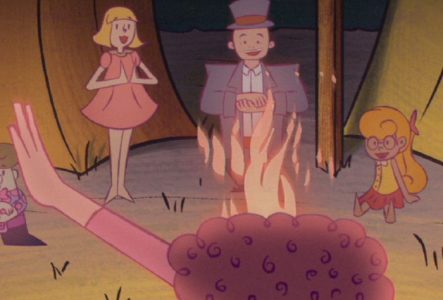 Une image en couleur de film d'animation qui représente trois personnages, deux jeunes filles et un Monsieur au centre de l'image avec un chapeau haut-de-forme