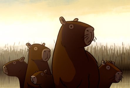 image de film d'animation qui représente une famille de capybaras, espèce de rongeurs qui vivent en Amérique du Sud
