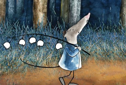 Dessin du film d'animation avec une souris qui se promène avec une tige de fleur de muguet