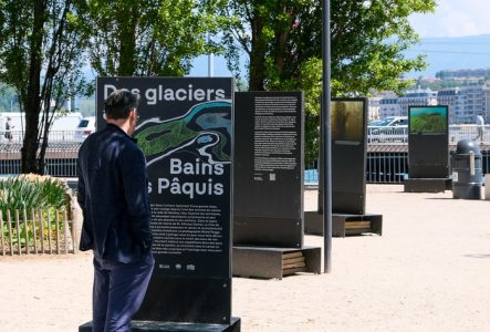 L'exposition "Des glaciers aux Bains des Pâquis" sur l'ile Rousseau à Genève